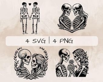 Paquete SVG de pareja de esqueletos, PNG de esqueleto, imágenes prediseñadas de amor de esqueleto, imágenes de esqueleto dibujadas a mano para imprimir y grabar