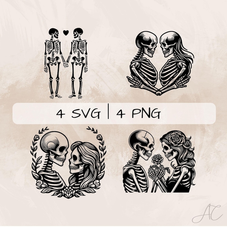Paquete SVG de pareja de esqueletos, PNG de esqueleto, imágenes prediseñadas de amor de esqueleto, imágenes de esqueleto dibujadas a mano para imprimir y grabar imagen 1