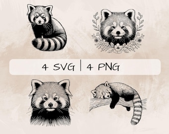 Delicate Red Panda SVG Bundle, Red Panda Line Art PNG, Cute Red Panda Clipart, Hand drawn Red Panda pictures for print and engraving