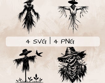 Paquete SVG de espantapájaros, PNG de espantapájaros aterrador, imágenes prediseñadas de espantapájaros y pájaros, imágenes de espantapájaros dibujadas a mano para imprimir y grabar