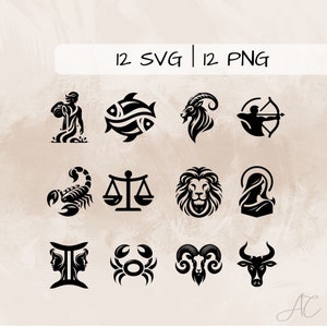 Zodiac Signs SVG bundle, Horoscope PNG, Astrology Signs Clipart, Hand drawn Zodiac Signs pictures for print and engraving