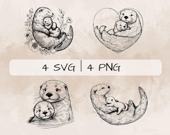 Paquete SVG de mamá nutria, cachorro de nutria PNG, imágenes prediseñadas de nutria y cachorro, imágenes de madre nutria dibujadas a mano para imprimir y grabar
