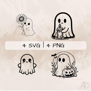 May include: Four black and white illustrations of cute ghosts. One ghost is holding a sunflower, one is holding a candle, one is standing alone, and one is standing in front of a full moon with a jack-o-lantern.
