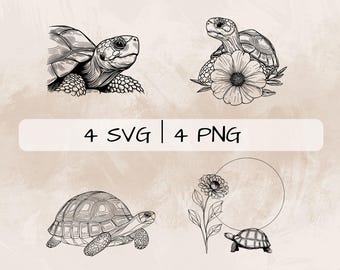 Deliate Tortoise SVG Bundle, Tortoise Line Art PNG, Tortoise e Flower Clipart, Immagini di volti di tartaruga disegnati a mano per la stampa e l'incisione