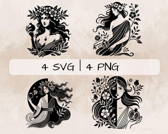 ペルセポネ SVG バンドル、ペルセポネ PNG、冥界の女王のクリップアート、印刷および彫刻用の手描きのペルセポネの絵