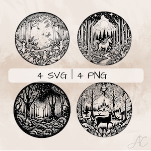魔法の森の SVG バンドル、森の風景 PNG、森とユニコーンのクリップアート、印刷と彫刻用の手描きの魔法の森の絵