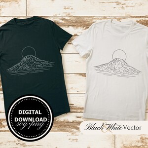 May include: Two t-shirts with a black and white line drawing of a mountain with a sun above it. The text "DIGITAL DOWNLOAD svg/png" is on the black shirt. The text "Black & White Vector" is on the white shirt.