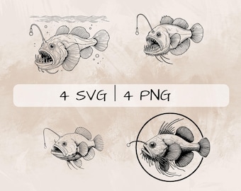 Delicate Anglerfish SVG Bundle, Anglerfish Line Art PNG, Anglerfish in Sea Clipart, Hand drawn Angler Fish pictures for print and engraving