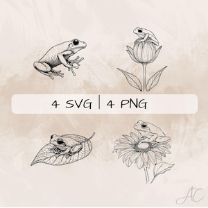 Feines Coqui Frosch SVG Bundle, Coqui Frosch Linie Art PNG, Coqui Frosch und Blumen Clipart, handgezeichnete Frosch Bilder für Druck und Gravur