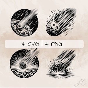 May include: Four black and white illustrations of a meteor or comet falling from space. The first image shows the meteor falling towards a planet. The second image shows the meteor falling from space. The third image shows the meteor falling towards a planet with a bright light behind it. The fourth image shows the meteor crashing into a planet.