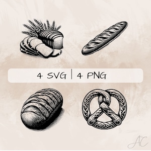 Op de afbeelding: Een set van vier zwart-wit illustraties van verschillende soorten brood, waaronder een brood met tarwehalmen, een stokbrood, een rond brood en een pretzel.