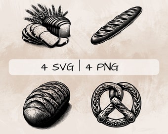 May include: A set of four black and white illustrations of various breads, including a loaf of bread with wheat stalks, a baguette, a round loaf of bread, and a pretzel.