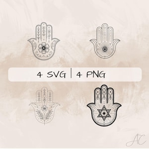 Peut inclure: Quatre motifs de main de hamsa noirs et blancs avec des motifs différents. Les motifs comprennent une fleur, une étoile et des motifs géométriques. Le texte "4 SVG | 4 PNG" est en haut de l'image.