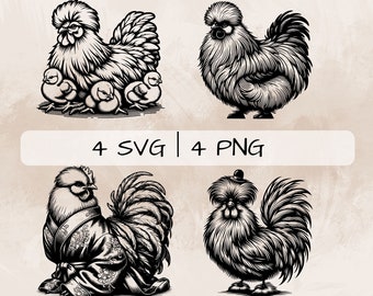 Silkie chicken SVG bundle, Chicken PNG, Chicken with Hen Clipart, Hand drawn Silkie Chicken pictures for print and engraving
