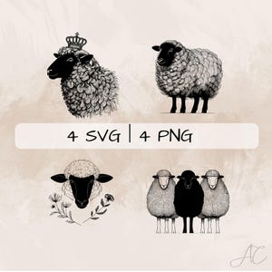 Delicate Black Sheep SVG Bundle, Black Sheep Line Art PNG, Black Sheep and Crown Clipart, Hand drawn Sheep pictures for print and engraving
