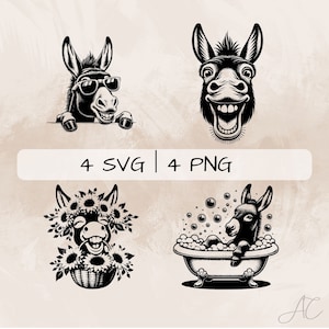 May include: Four black and white illustrations of a donkey. The first donkey is wearing sunglasses and peeking over a surface. The second donkey is smiling with its mouth open. The third donkey is wearing a wreath of sunflowers. The fourth donkey is taking a bath in a bathtub.