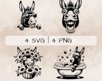 Donkey SVG bundle, Donkey with flowers PNG, Donkey with sunglasses clipart , Vector, Hand drawn Donkey pictures for print and engraving