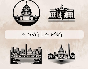 Washington SVG Bundle, Washington D.C. Skyline PNG ,D.C. Capitol Clipart, Hand drawn Washington pictures for print and engraving