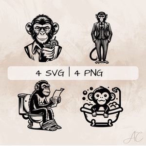 Monkey SVG bundle, Monkey in Toilet PNG, Monkey with suit Clipart, Hand drawn Monkey pictures for print and engraving