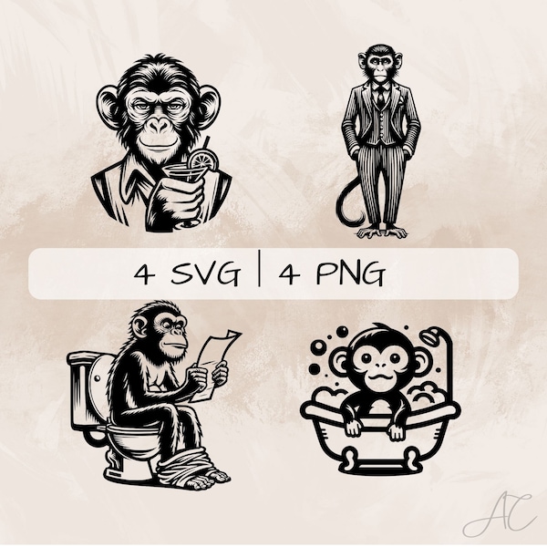 Monkey SVG bundle, Monkey in Toilet PNG, Monkey with suit Clipart, Hand drawn Monkey pictures for print and engraving