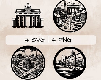 Può includere: Quattro illustrazioni in bianco e nero di monumenti di Berlino. La prima immagine mostra la Porta di Brandeburgo. La seconda immagine mostra la Porta di Brandeburgo con lo skyline di Berlino sullo sfondo. La terza immagine mostra la Cattedrale di Berlino. La quarta immagine mostra la East Side Gallery.