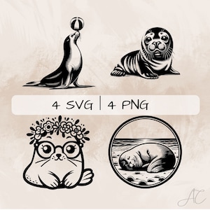May include: Four black and white illustrations of seals. One seal is balancing a ball on its nose, another is lying down, another is wearing a flower crown and glasses, and the last is sleeping in a circle with waves and sand.