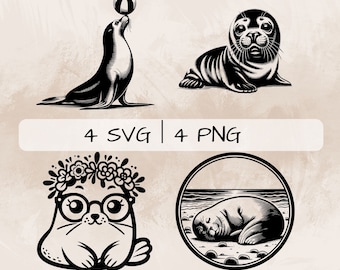 Seal SVG Bundle, Cute Seal PNG, Seal with Ball Clipart, Hand drawn Seal pictures for print and engraving