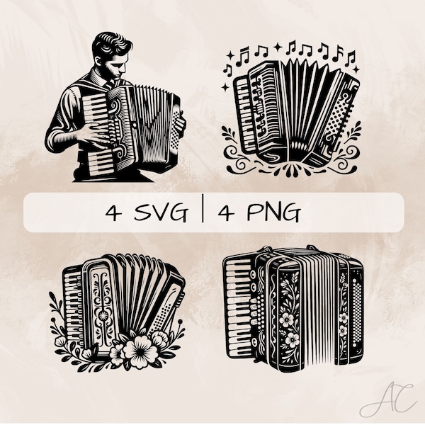 Accordion SVG bundle, Floral Accordion PNG, Accordion Player Clipart, Hand drawn Accordion pictures for print and engraving