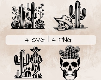 Cactus SVG bundle, Cactus and Skull PNG, Cactus and Skeleton Clipart, Hand drawn Cactus pictures for print and engraving