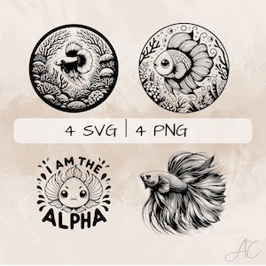 Betta fish SVG bundle, Betta fish and coral PNG, Fish Clipart, Hand drawn Betta fish pictures for print and engraving