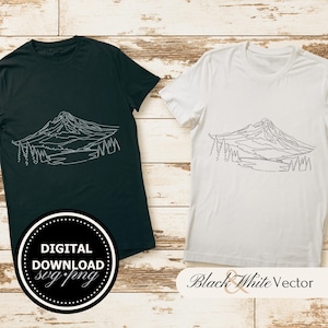 Könnte beinhalten: Zwei T-Shirts, eines in Schwarz und eines in Weiß, jeweils mit einer minimalistischen Berg- und Wald-Linienzeichnung. Das schwarze Shirt hat eine kreisförmige Grafik "DIGITAL DOWNLOAD svg.png". Das weiße Shirt hat den Text "Black & White Vector".