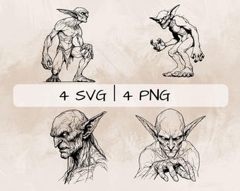 Scary Goblin SVG-bundel, Goblin zeer fijne tekeningen PNG, Halloween Goblin clipart, handgetekende Spooky Goblin foto's om af te drukken en te graveren