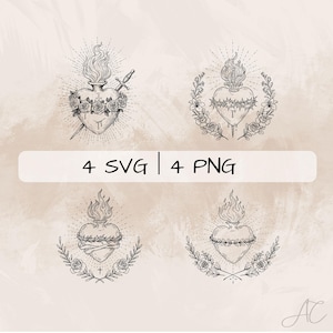 Obefläckade hjärtats SVG-paket, obefläckade hjärtat av Maria PNG, obefläckade hjärtats clipart, handritade katolska bilder för tryck och gravyr