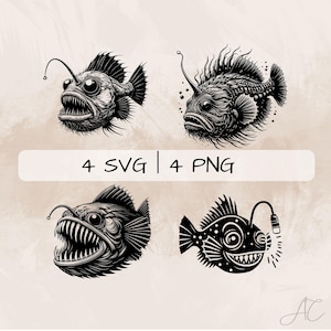 May include: Four black and white illustrations of anglerfish. The anglerfish are depicted in a variety of poses, with some facing forward and others facing sideways. The illustrations are detailed and realistic, with sharp teeth and a bioluminescent lure.