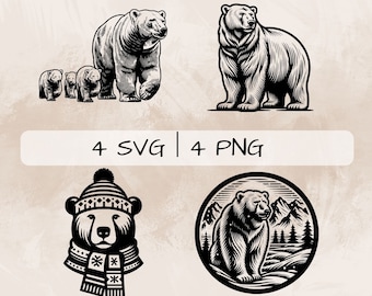 Polar Bear SVG, Polar Bear Cub PNG, Polar Bear Scene Clipart, Hand drawn Polar Bear pictures for print and engraving