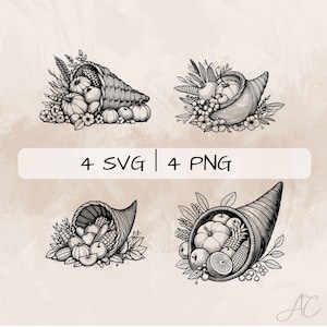 May include: Four black and white illustrations of cornucopias filled with fruits, vegetables, and fall foliage. The text "4 SVG | 4 PNG" is at the top of the image.