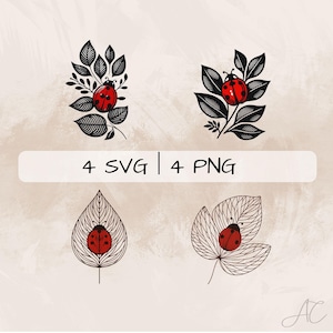 May include: Four digital illustrations of a ladybug on a leaf. Two illustrations feature black leaves and a red ladybug. The other two illustrations feature a red ladybug on a leaf with a line art design.