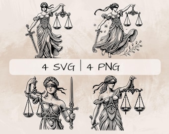 Themis SVG-bundel, godin van Justitie PNG, Griekse godin clipart, handgetekende Themis-foto's om af te drukken en te graveren
