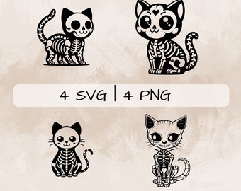 May include: Four black and white illustrations of skeleton cats. Two cats have large eyes and a heart on their forehead. The other two cats have a more traditional skull look. The text "4 SVG | 4 PNG" is below the images.