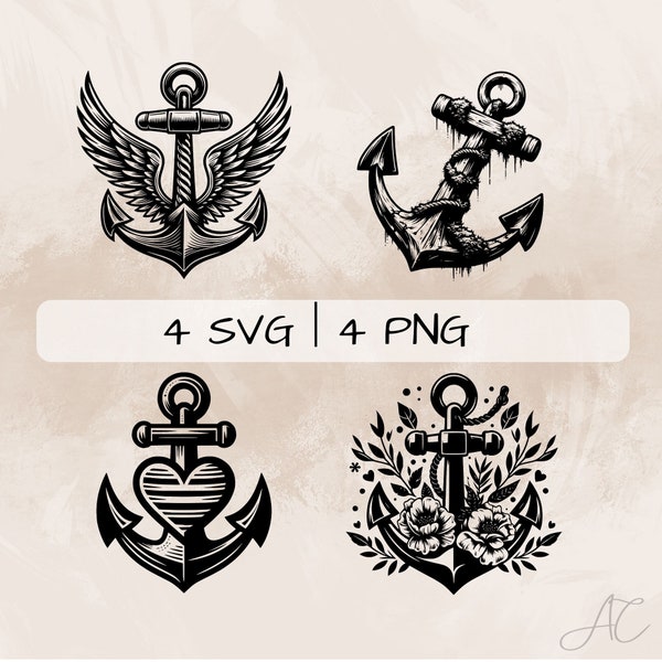 Anchor SVG bundle, Anchor with Wings PNG, Anchor with Flowers Clipart, Hand drawn Anchor pictures for print and engraving