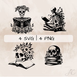 Schädel und Bücher SVG Bundle, Skelett lesen PNG, Bücher mit Schädel Clipart, handgezeichnete Schädel und Bücher Bilder zum Drucken und Gravieren
