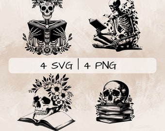 Paquete SVG de calavera y libros, PNG de lectura de esqueleto, imágenes prediseñadas de libros con calavera, imágenes de calavera y libros dibujadas a mano para imprimir y grabar