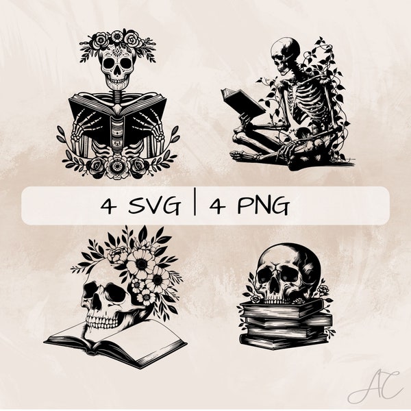 Skull and Books SVG bundle, Skeleton reading PNG, Books with Skull Clipart, Hand drawn Skull and Books pictures for print and engraving