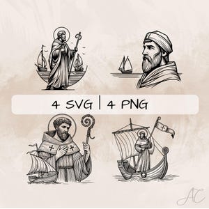 Saint Brendan SVG Bundle, St Brendan PNG , Brendan the Navigator Clipart, Hand drawn Saint Brendan pictures for print and engraving