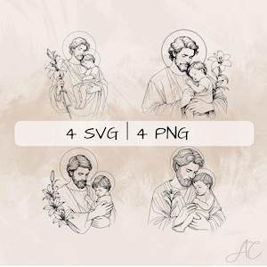 Saint Joseph SVG Bundle, St Joseph PNG , Saint Joseph and the child Clipart, Hand drawn Saint Joseph pictures for print and engraving
