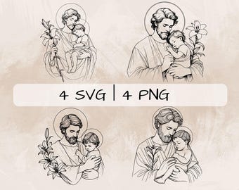 Saint Joseph SVG Bundle, St Joseph PNG , Saint Joseph and the child Clipart, Hand drawn Saint Joseph pictures for print and engraving