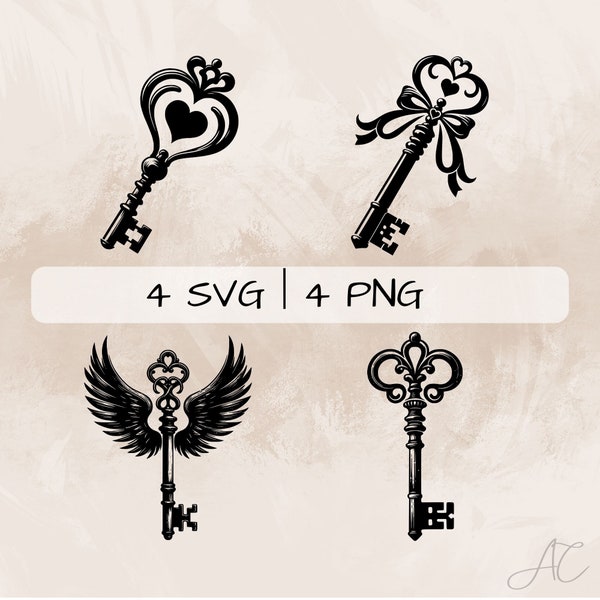 Key SVG bundle, Key with heart PNG, Key with wings Clipart, Hand drawn Key pictures for print and engraving