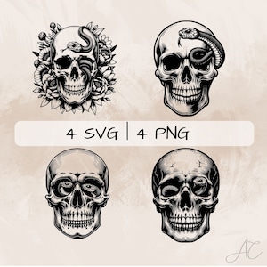 頭蓋骨と蛇の SVG バンドル、頭蓋骨と蛇の PNG、頭蓋骨の中の蛇のクリップアート、印刷と彫刻用の手描きの頭蓋骨と蛇の絵