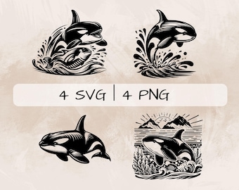 Orca SVG Bundle, Orca Whale PNG , Whale Clipart, Hand drawn Orca pictures for print and engraving