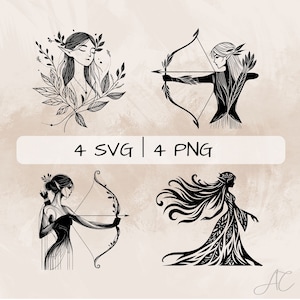 Female Elf SVG Bundle, Elf PNG, Elf with Bow Clipart, Hand drawn Female Elf pictures for print and engraving
